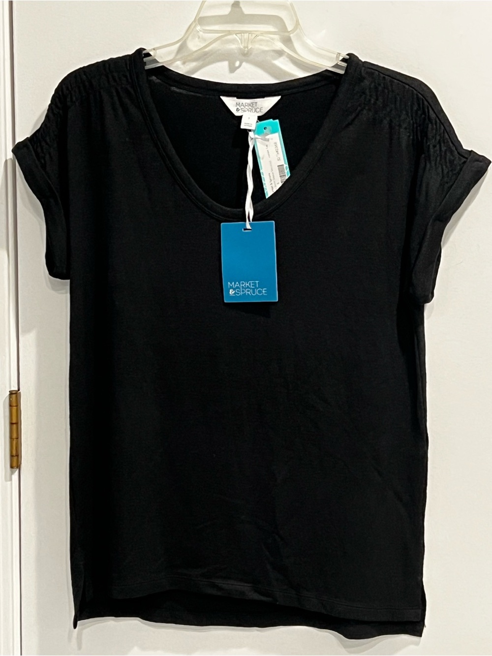 Market & Spruce Black Short Sleeve V-Neck Top with Gathered Shoulders - Size S